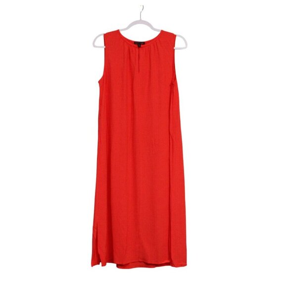 Eileen Fisher Midi Dress Size Small Coral Tencel Lyocell Crepe A-Line Keyhole - Picture 1 of 15